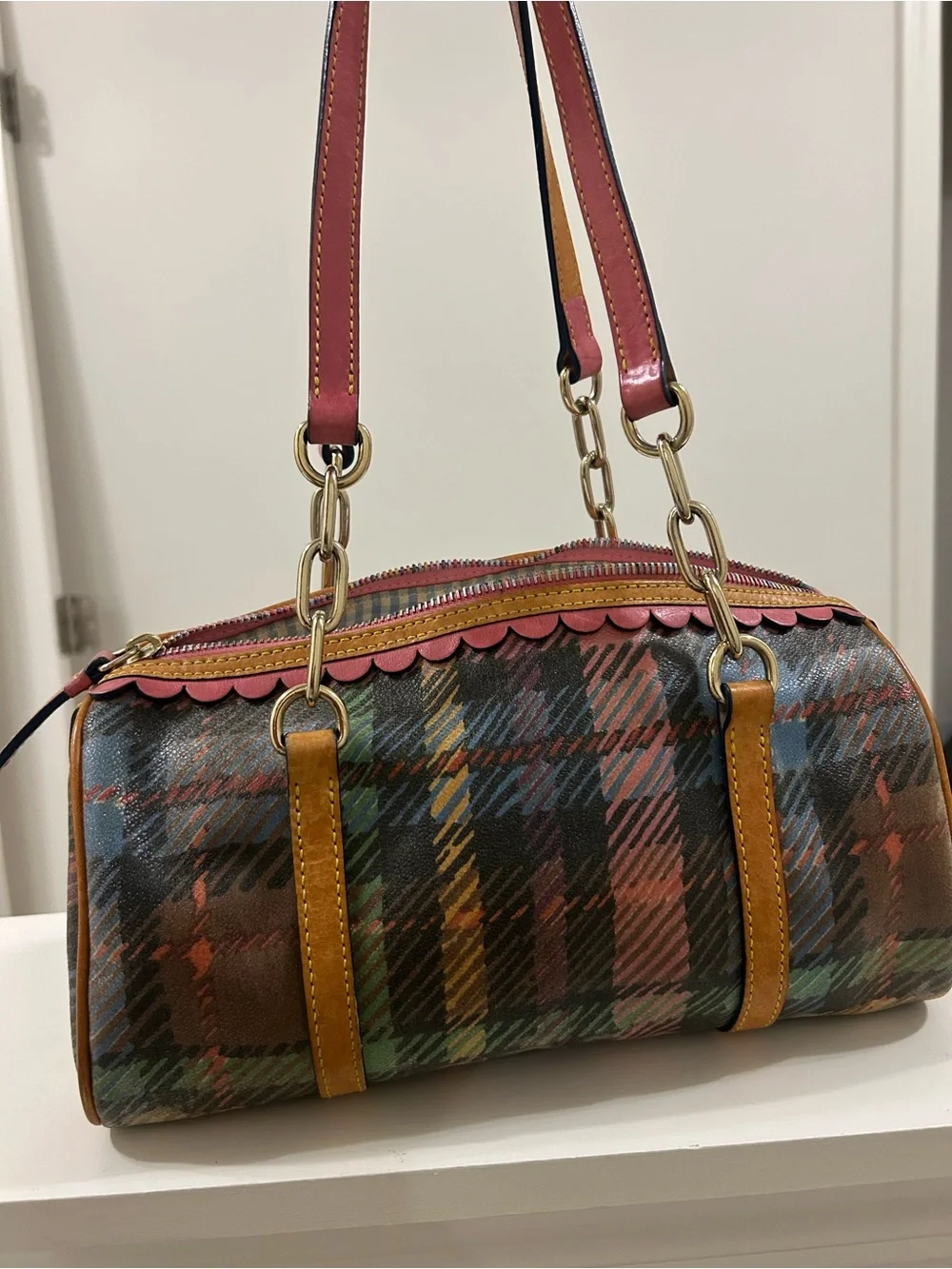 Dooney & Bourke Multicolor Plaid Leather Satchel with Pink Heart Charm #Vintage